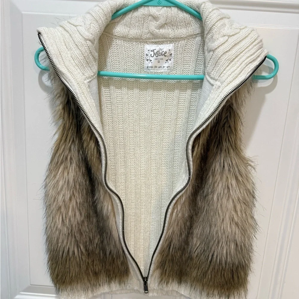 Justice Cream Knit Vest with Brown Faux Fur Front
